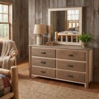 Modern Rustic Dresser Mirror: Some lifestyle images are created with AI for visualization purposes. Crafted from natural solid wood, each piece is unique and will vary.