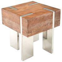 Modern Chic Natural Wood End Table shown in Antique Distressed Dark Mahogany & Brushed Silver Steel