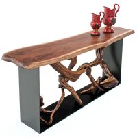 Modern Driftwood Console Table w/ Live Edge Top - Rustic Barnwood Juniper Log Finish