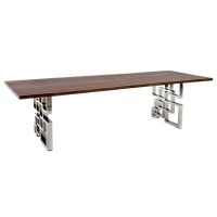 CUSTOM FINISH - Modern Geometric Natural Wood Dining Table - Live Edge Black Walnut Table Top - CUSTOM Jacobean Table Top Finish - Silver Steel Table Base