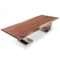 Modern Half Circle Natural Wood Dining Table - Live Edge Black Walnut Tabletop - Natural Clear Finish - Silver Steel Table Base