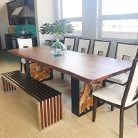 Twisted Trails Natural Wood Teak Root Dining Table - Live Edge Black Walnut Table Top - Natural Clear Table Top Finish
