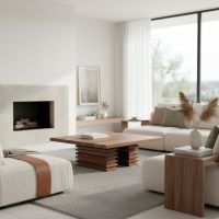 Modern Living Room Decor: Some lifestyle images are created with AI for visualization purposes. Crafted from natural solid wood, each piece is unique and will vary.