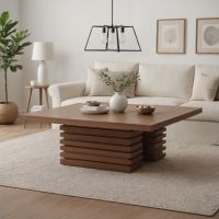 Modern Wood Coffee Table: Some lifestyle images are created with AI for visualization purposes. Crafted from natural solid wood, each piece is unique and will vary.