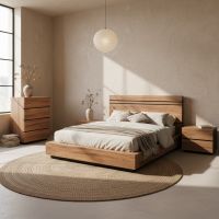 Modern Platform Bed: Some lifestyle images are created with AI for visualization purposes. Crafted from natural solid wood, each piece is unique and will vary.