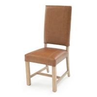 Modern Classic Upholstered Dining Chair - Saddle Brown Leather & Natural Frame