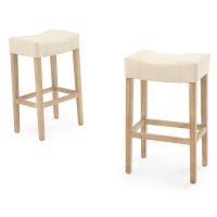 Modern Classic Upholstered Saddle Seat Stool - Natural Beige Leather