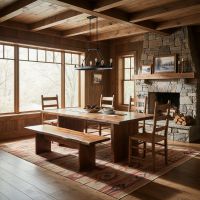 Modern Rustic Dining Table: Some lifestyle images are created with AI for visualization purposes. Crafted from natural solid wood, each piece is unique and will vary.