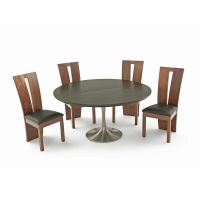 CUSTOM FINISH - Contemporary Natural Wood Pedestal Dining Table - Chamfer Edge Smooth Alder Table Top - CUSTOM Ebony Table Top Finish - Silver Steel Table Base