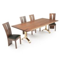 Contemporary Crescent Solid Wood Dining Table - Live Edge Black Walnut Top - Natural Clear Finish - Brushed Gold Base