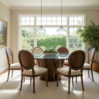 Glass Top Round Dining Table: Some lifestyle images are created with AI for visualization purposes. Crafted from natural solid wood, each piece is unique and will vary.