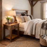 Rustic Barnwood Nightstand: Some lifestyle images are created with AI for visualization purposes. Crafted from natural solid wood, each piece is unique and will vary.