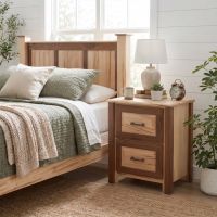 Contemporary Nightstand: Some lifestyle images are created with AI for visualization purposes. Crafted from natural solid wood, each piece is unique and will vary.