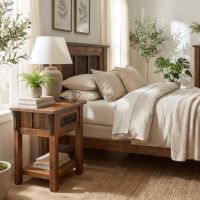 Rustic Nightstand: Some lifestyle images are created with AI for visualization purposes. Crafted from natural solid wood, each piece is unique and will vary.