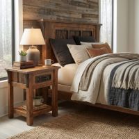 Rustic Nightstand: Some lifestyle images are created with AI for visualization purposes. Crafted from natural solid wood, each piece is unique and will vary.