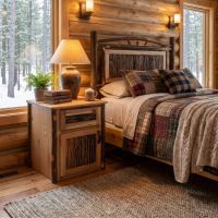 Hickory Log Nightstand: Some lifestyle images are created with AI for visualization purposes. Crafted from natural solid wood, each piece is unique and will vary.