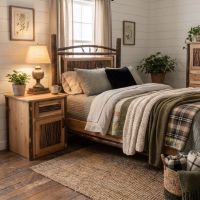 Hickory Log Nightstand: Some lifestyle images are created with AI for visualization purposes. Crafted from natural solid wood, each piece is unique and will vary.