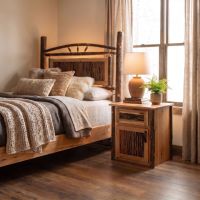 Hickory Log Nightstand: Some lifestyle images are created with AI for visualization purposes. Crafted from natural solid wood, each piece is unique and will vary.
