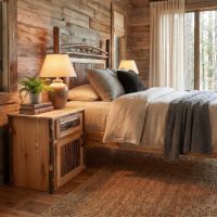Hickory Log Nightstand: Some lifestyle images are created with AI for visualization purposes. Crafted from natural solid wood, each piece is unique and will vary.
