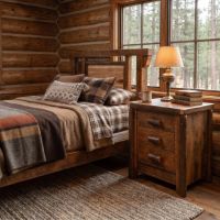 Rustic Log Nightstand: Some lifestyle images are created with AI for visualization purposes. Crafted from natural solid wood, each piece is unique and will vary.