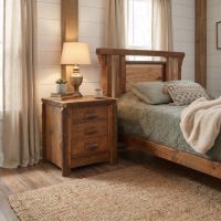 Rustic Log Nightstand: Some lifestyle images are created with AI for visualization purposes. Crafted from natural solid wood, each piece is unique and will vary.