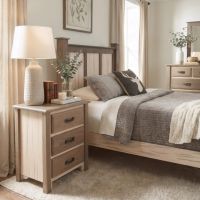 3 Drawer Nightstand: Some lifestyle images are created with AI for visualization purposes. Crafted from natural solid wood, each piece is unique and will vary.