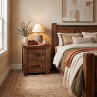 Rustic Nightstand: Some lifestyle images are created with AI for visualization purposes. Crafted from natural solid wood, each piece is unique and will vary.
