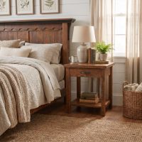Barnwood Nightstand: Some lifestyle images are created with AI for visualization purposes. Crafted from natural solid wood, each piece is unique and will vary.