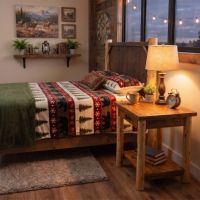 Rustic Cedar Nightstand: Some lifestyle images are created with AI for visualization purposes. Crafted from natural solid wood, each piece is unique and will vary.