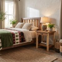 Rustic Cedar Nightstand: Some lifestyle images are created with AI for visualization purposes. Crafted from natural solid wood, each piece is unique and will vary.