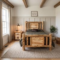 Rustic Log Nightstand: Some lifestyle images are created with AI for visualization purposes. Crafted from natural solid wood, each piece is unique and will vary.