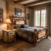 Rustic Log Nightstand: Some lifestyle images are created with AI for visualization purposes. Crafted from natural solid wood, each piece is unique and will vary.