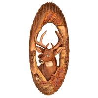 Hand-Carved & Painted Wildlife Slab Mirror - Oak Leaf & Buck