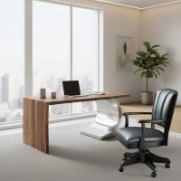Contemporary Wood Desk: Some lifestyle images are created with AI for visualization purposes. Crafted from natural solid wood, each piece is unique and will vary.