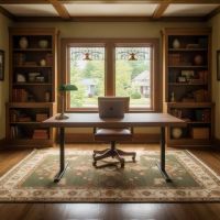 Woodland Rise Desk in Elegant Home Office with Stained Glass Windows: Some lifestyle images are created with AI for visualization purposes. Crafted from natural solid wood, each piece is unique and will vary.