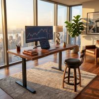 Adjustable Desk: Some lifestyle images are created with AI for visualization purposes. Crafted from natural solid wood, each piece is unique and will vary.
