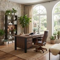Office Desk with Drawers: Some lifestyle images are created with AI for visualization purposes. Crafted from natural solid wood, each piece is unique and will vary.