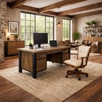 Rustic Executive Desk: Some lifestyle images are created with AI for visualization purposes. Crafted from natural solid wood, each piece is unique and will vary.