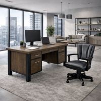 Modern Office Desk: Some lifestyle images are created with AI for visualization purposes. Crafted from natural solid wood, each piece is unique and will vary.
