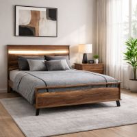 Modern Rustic Bed: Some lifestyle images are created with AI for visualization purposes. Crafted from natural solid wood, each piece is unique and will vary.