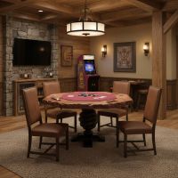 Rustic Game Table: Some lifestyle images are created with AI for visualization purposes. Crafted from natural solid wood, each piece is unique and will vary.