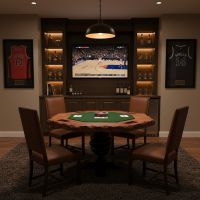 Rustic Poker Table: Some lifestyle images are created with AI for visualization purposes. Crafted from natural solid wood, each piece is unique and will vary.
