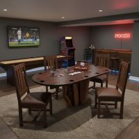 Rustic Poker Table: Some lifestyle images are created with AI for visualization purposes. Crafted from natural solid wood, each piece is unique and will vary.