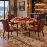Rustic Poker Table: Some lifestyle images are created with AI for visualization purposes. Crafted from natural solid wood, each piece is unique and will vary.
