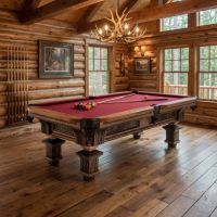 Barnwood Pool Table: Some lifestyle images are created with AI for visualization purposes. Crafted from natural solid wood, each piece is unique and will vary.