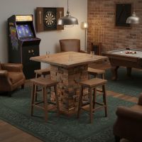Rustic Stacked Pub Table: Some lifestyle images are created with AI for visualization purposes. Crafted from natural solid wood, each piece is unique and will vary.