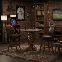 Rustic Log Pub Table: Some lifestyle images are created with AI for visualization purposes. Crafted from natural solid wood, each piece is unique and will vary.