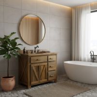 Rustic Vanity: Some lifestyle images are created with AI for visualization purposes. Crafted from natural solid wood, each piece is unique and will vary.