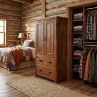 Barn Wood Armoire: Some lifestyle images are created with AI for visualization purposes. Crafted from natural solid wood, each piece is unique and will vary.