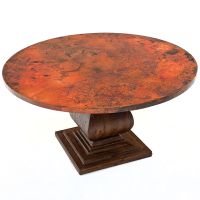 Refined Tuscan Round Hammered Copper Dining Table - Natural Mahogany Base